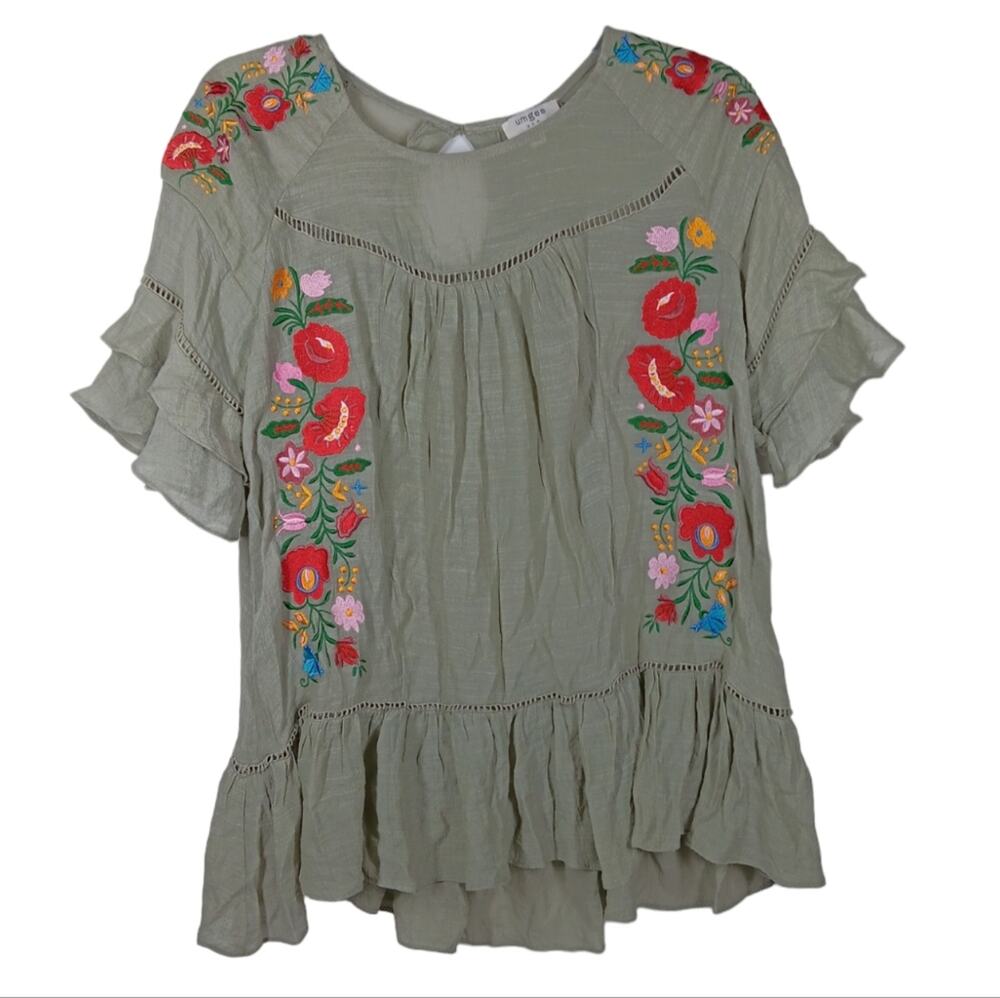 Umgee Embroidered Tiered Ruffle Blouse Green size Small